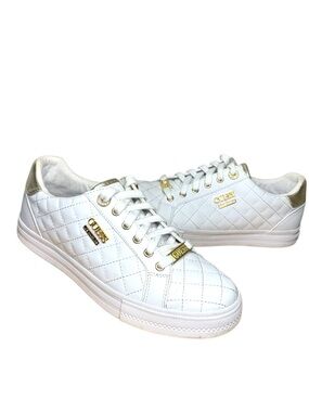 GUESS White Quilted Low-Top Sneakers with Gold Accents Sz 8 Neutral Boujee Shoes